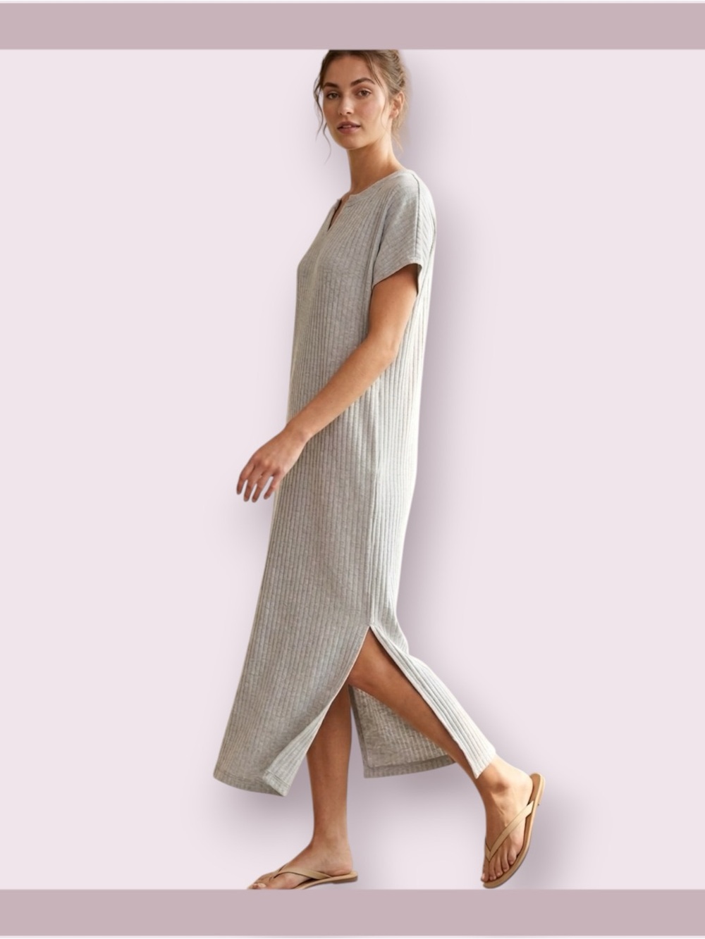 Uniqlo Gray Ribbed Side Slit Maxi Dress